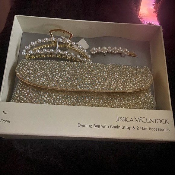Jessica McClintock Evening Bag with Chain Strap & Two Hair Accessories - Picture 2 of 5